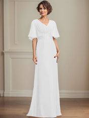 A-line V-Neck Floor-Length Chiffon Mother of the Bride Dress With Pleated Sequins Appliques Lace