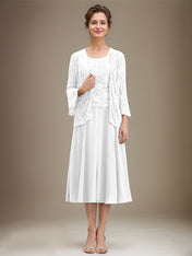A-line Scoop Tea-Length Lace Chiffon Mother of the Bride Dress With Sequins
