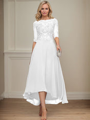 A-line Boat Neck Illusion Asymmetrical Chiffon Lace Mother of the Bride Dress With Sequins Beading