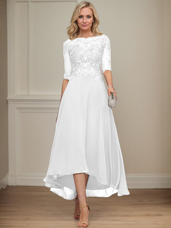 A-line Boat Neck Illusion Asymmetrical Chiffon Lace Mother of the Bride Dress With Sequins Beading