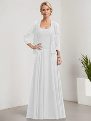 Robe de mère de la mariée trapèze carrée, longueur au sol, en mousseline de soie et dentelle, avec paillettes 