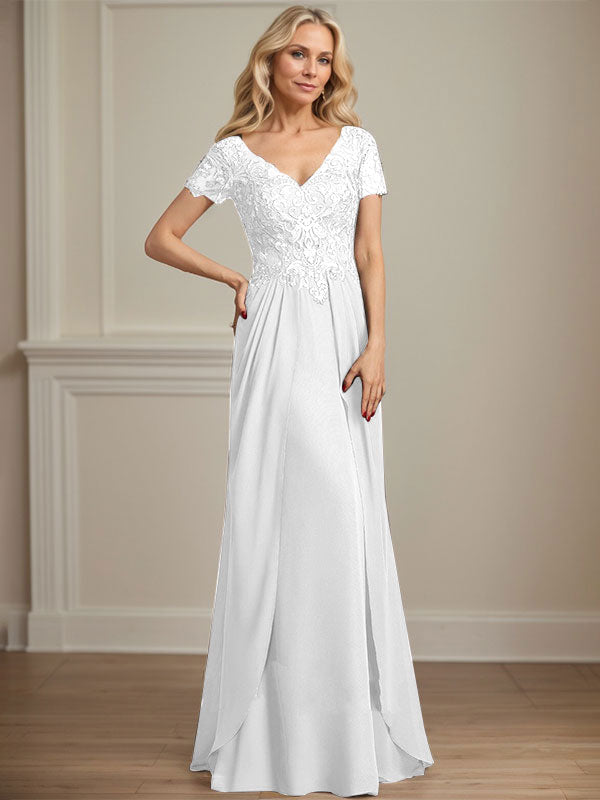 A-line V-Neck Floor-Length Chiffon Lace Mother of the Bride Dress