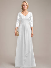 A-line V-Neck Floor-Length Lace Chiffon Mother of the Bride Dress With Cascading Ruffles Sequins