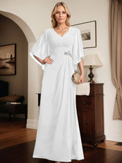 Sheath/Column V-Neck Floor-Length Chiffon Mother of the Bride Dress With Pleated Sequins Beading