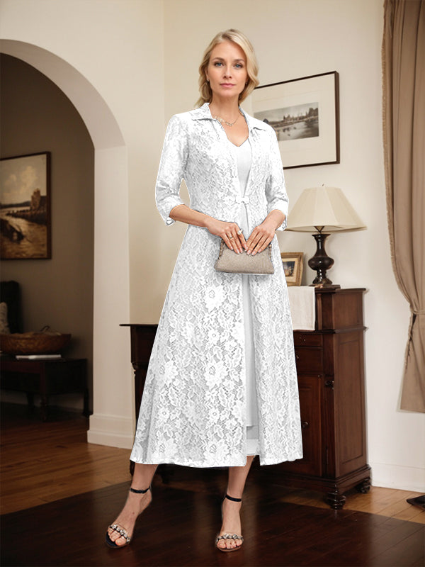 A-line V-Neck Tea-Length Chiffon Mother of the Bride Dress