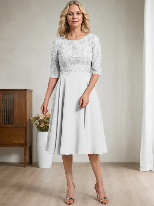 A-line Scoop Knee-Length Lace Chiffon Mother of the Bride Dress
