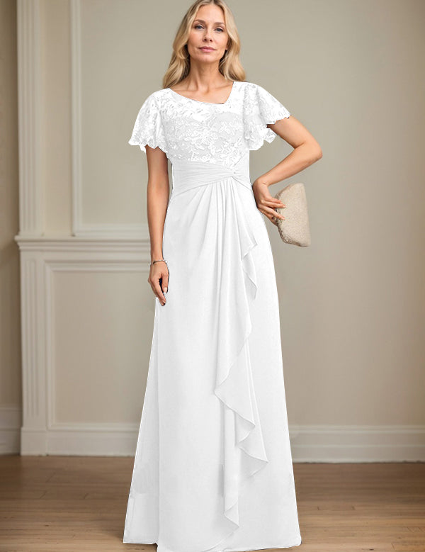 A-line Asymmetrical Illusion Floor-Length Lace Chiffon Mother of the Bride Dress With Cascading Ruffles Sequins