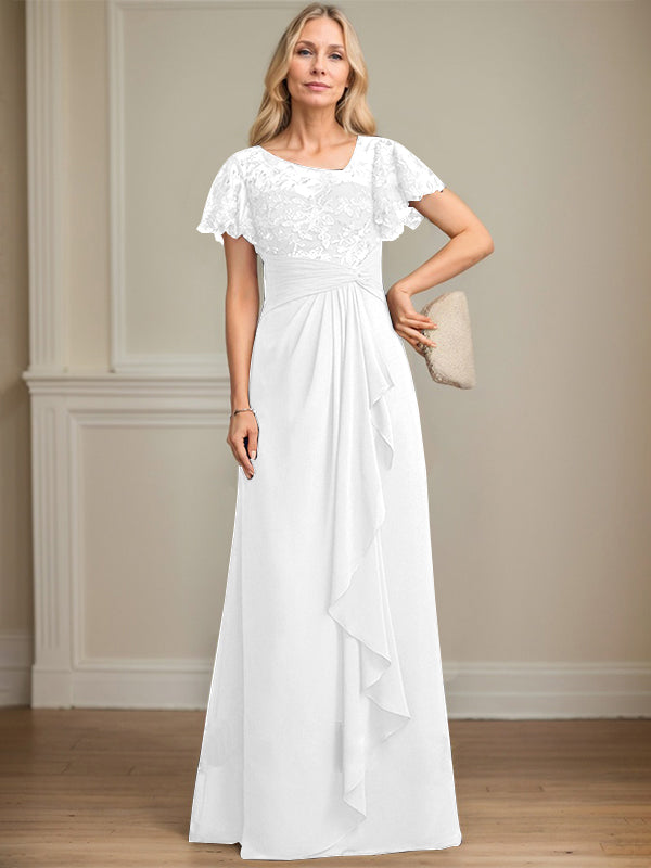 A-line Asymmetrical Illusion Floor-Length Lace Chiffon Mother of the Bride Dress With Cascading Ruffles Sequins