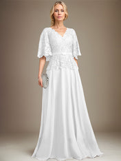 A-line V-Neck Floor-Length Chiffon Lace Mother of the Bride Dress With Crystal Brooch Rhinestone