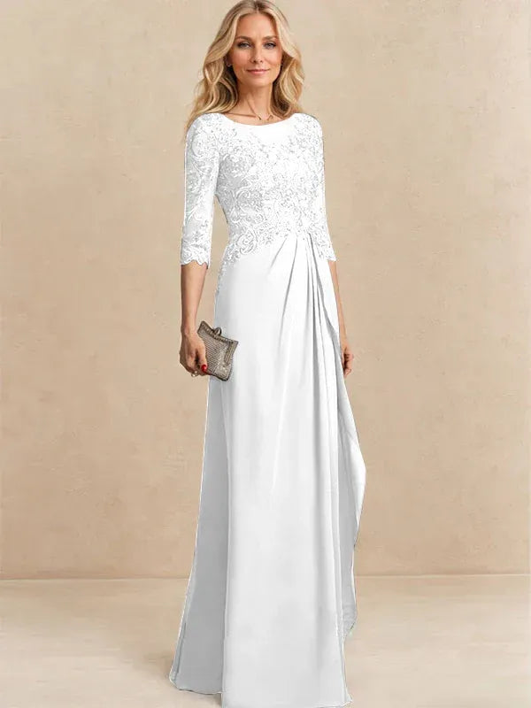 Robe de mère de la mariée trapèze en mousseline de soie et dentelle, longueur au sol, avec perles, paillettes et volants en cascade 