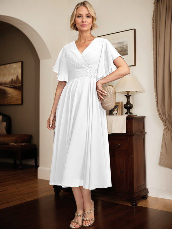 A-line V-Neck Tea-Length Chiffon Mother of the Bride Dress With Pleated Beading