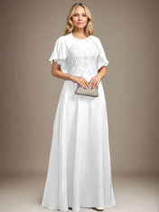 A-line Scoop Illusion Floor-Length Lace Chiffon Mother of the Bride Dress With Sequins