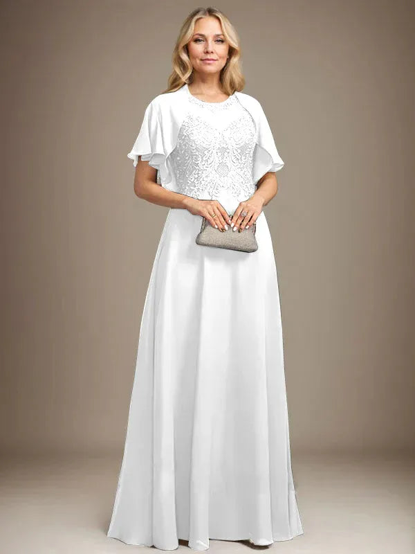 Robe de mère de la mariée trapèze en mousseline de soie et dentelle, longueur au sol, avec décolleté en V et paillettes 