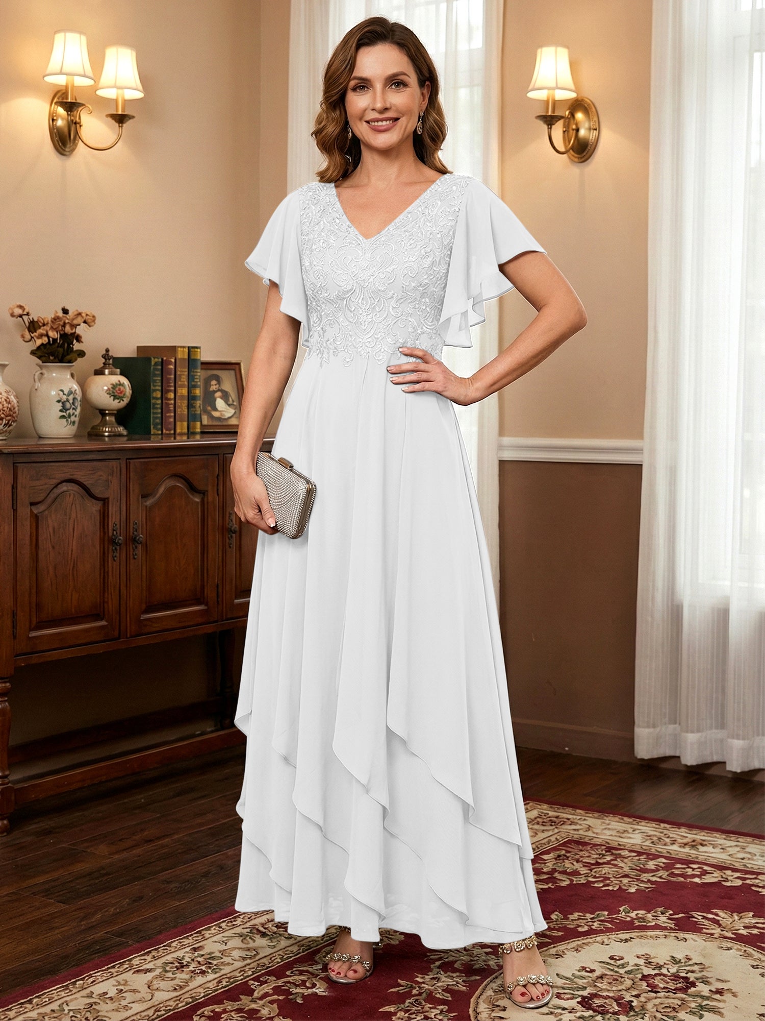 A-line V-Neck Ankle-Length Lace Chiffon Mother of the Bride Dress With Cascading Ruffles