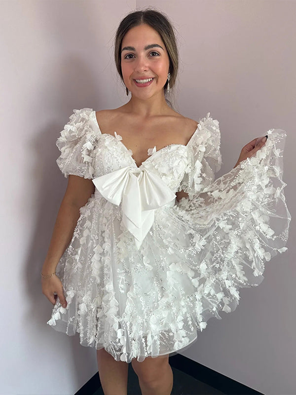 White A-Line Puff Sleeves Short Tulle Homecoming Dress With Bowknot