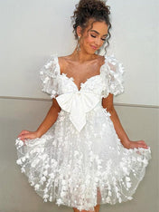 White A-Line Puff Sleeves Short Tulle Homecoming Dress With Bowknot