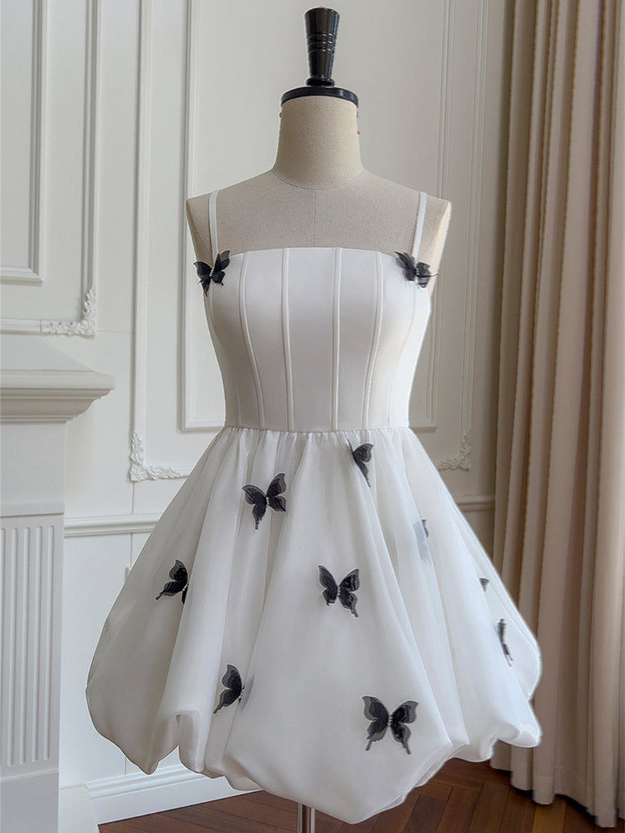 White A-line Straps 3D Butterfly Short Homecoming Dress