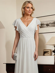 White A-line V-Neck Floor-Length Chiffon Mother of the Bride Dress With Pleated