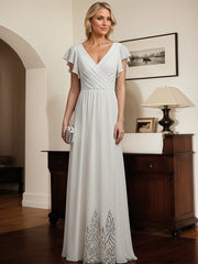 White A-line V-Neck Floor-Length Chiffon Mother of the Bride Dress With Pleated