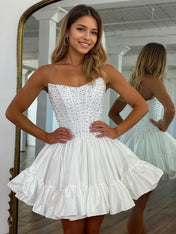 White A Line Strapless Pearls Short Homecoming Dress with Ruffles