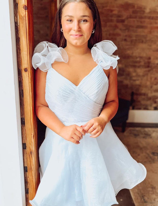 White A Line Surplice Ruffles Straps Tulle Homecoming Dress