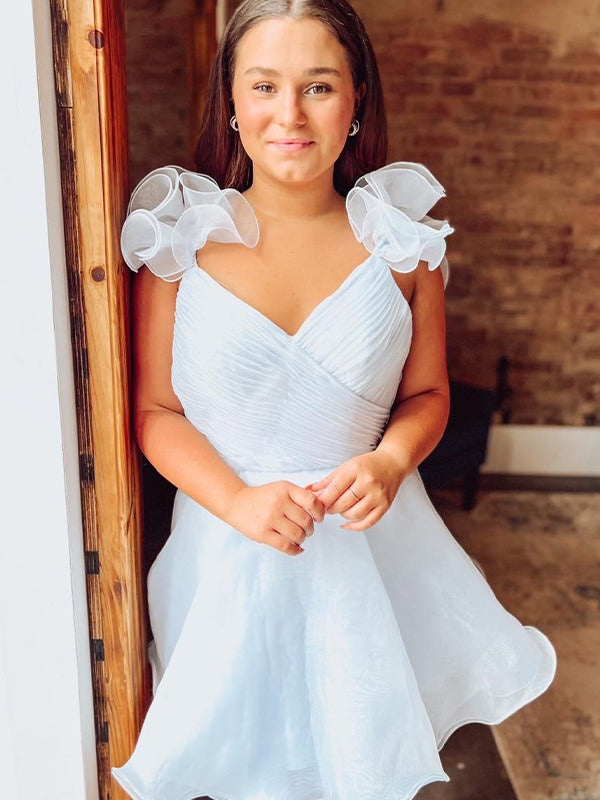 White A Line Surplice Ruffles Straps Tulle Homecoming Dress