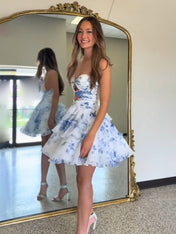 White Blue A-Line Empire Chiffon Sweetheart Sleeveless Homecoming Dress