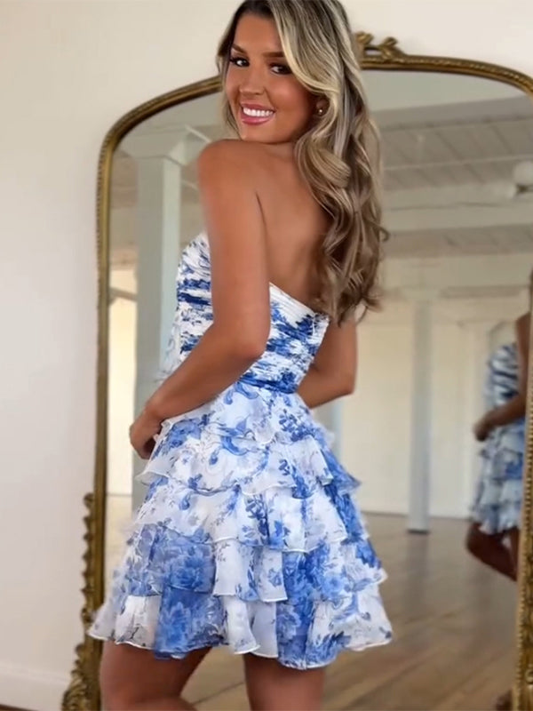 White Blue Flower A-Line Tiered Tulle Sweetheart Homecoming Dress