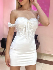 White Bodycon Off The Shoulder Satin Short Homecoming Dress with Lace