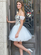 White Chic A Line Off the Shoulder Corset Homecoming Dress