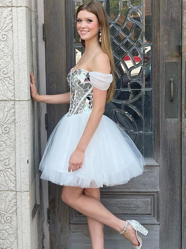 White Chic A Line Off the Shoulder Corset Homecoming Dress