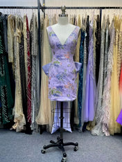 Lilac Floral Embroidered Deep V-Neck Homecoming Dress with Oversized Bow Train