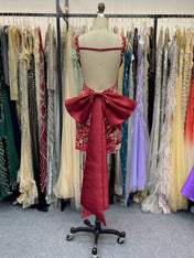 Lilac Floral Embroidered Deep V-Neck Homecoming Dress with Oversized Bow Train