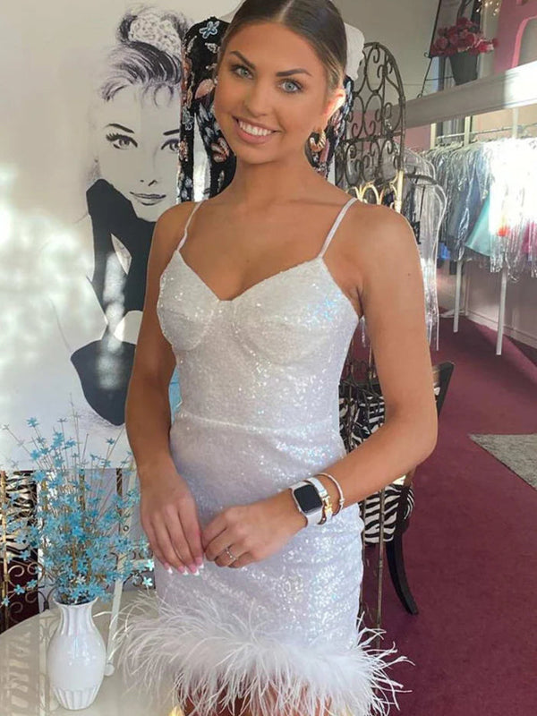 White Glitter V-Neck Spaghetti Straps Fully Sequins Homecoming Dress