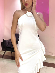 White Halter Ruffled Hem Homecoming Dress with 3D Floral