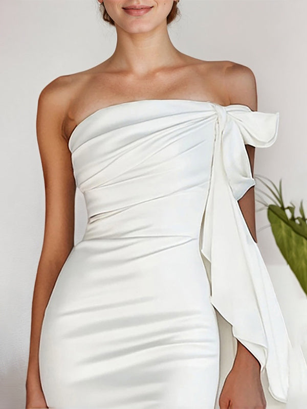 White Mermaid Strapless Sheath Satin Long Formal Dress with Slit