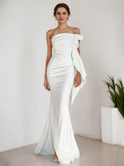 White Mermaid Strapless Sheath Satin Long Formal Dress with Slit