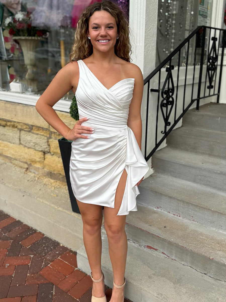 Dreamylily Women White One Shoulder Ruched Bodycon Short Satin Homecoming  Dress with Slit