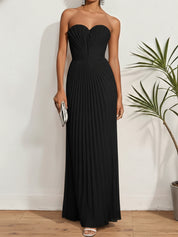 White Pleated Classic Strapless Sleeveless A-Line Maxi Dress