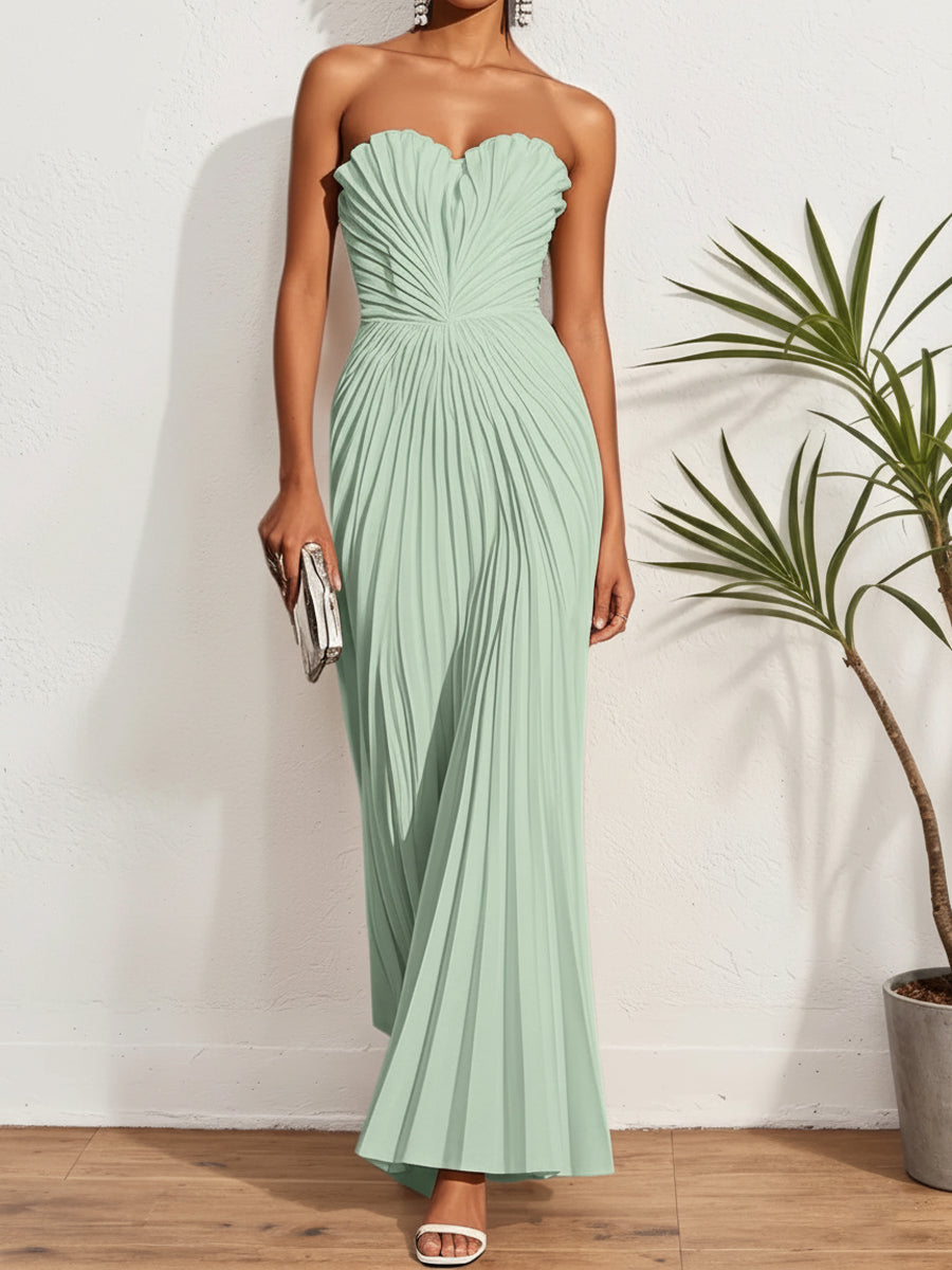 White Pleated Classic Strapless Sleeveless A-Line Maxi Dress
