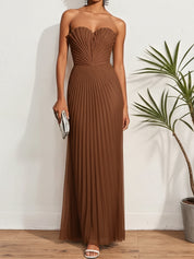 White Pleated Classic Strapless Sleeveless A-Line Maxi Dress