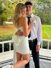 White Strapless Back Bow Ruched Short Homecoming Dress