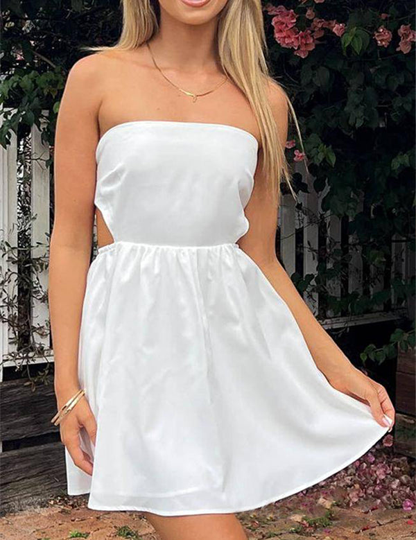 White Strapless Short Homecoming Graduation Dress with Bow Back