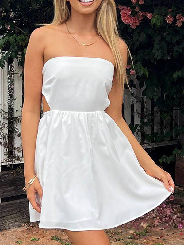 White Strapless Short Homecoming Graduation Dress with Bow Back
