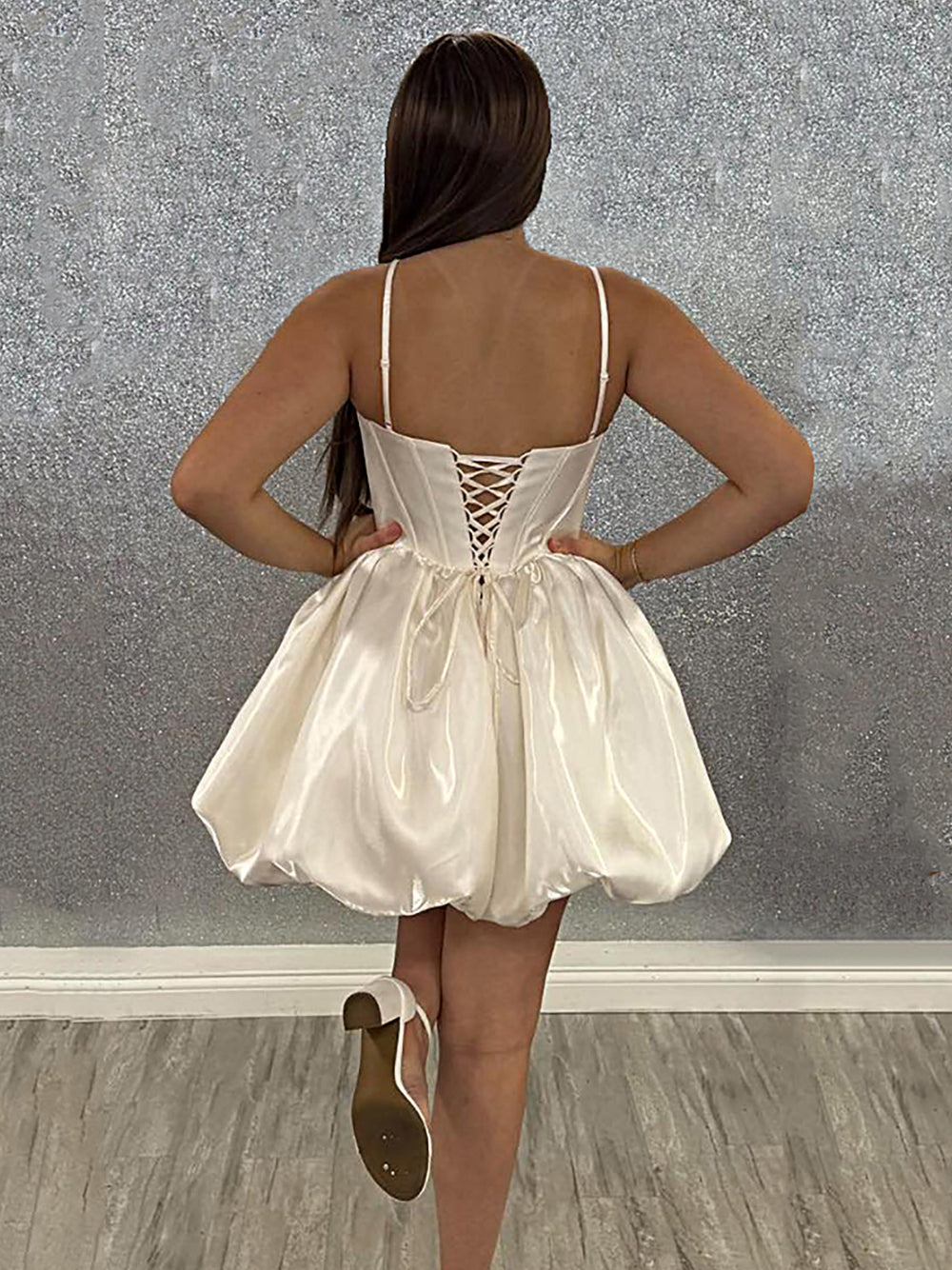 White Straps Ruched  Satin A Line Short Corset Homecoming Dress