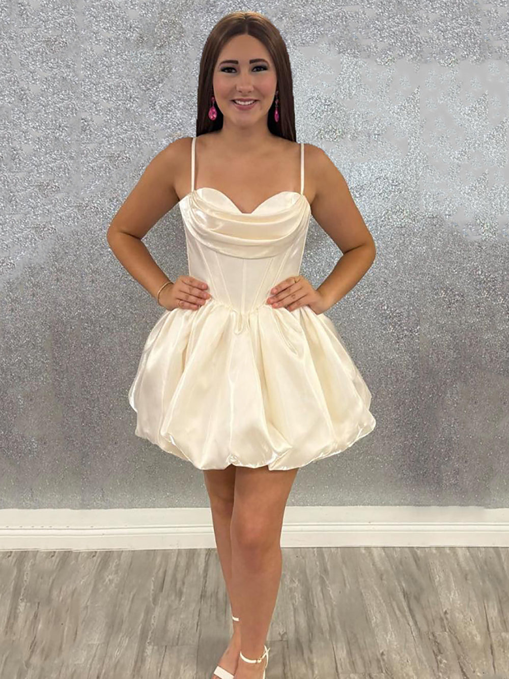 White Straps Ruched  Satin A Line Short Corset Homecoming Dress