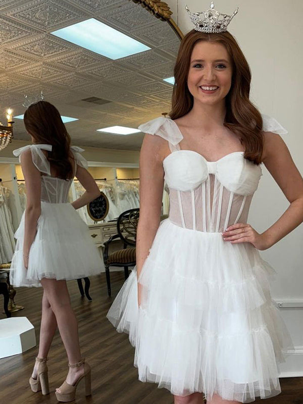 White Sweetheart Bow Straps Tulle A-Line Tiered Short Homecoming Dress