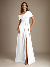 A-Line Asymmetrical Neckline Floor-Length Satin Mother of the Bride Dress With Pleated