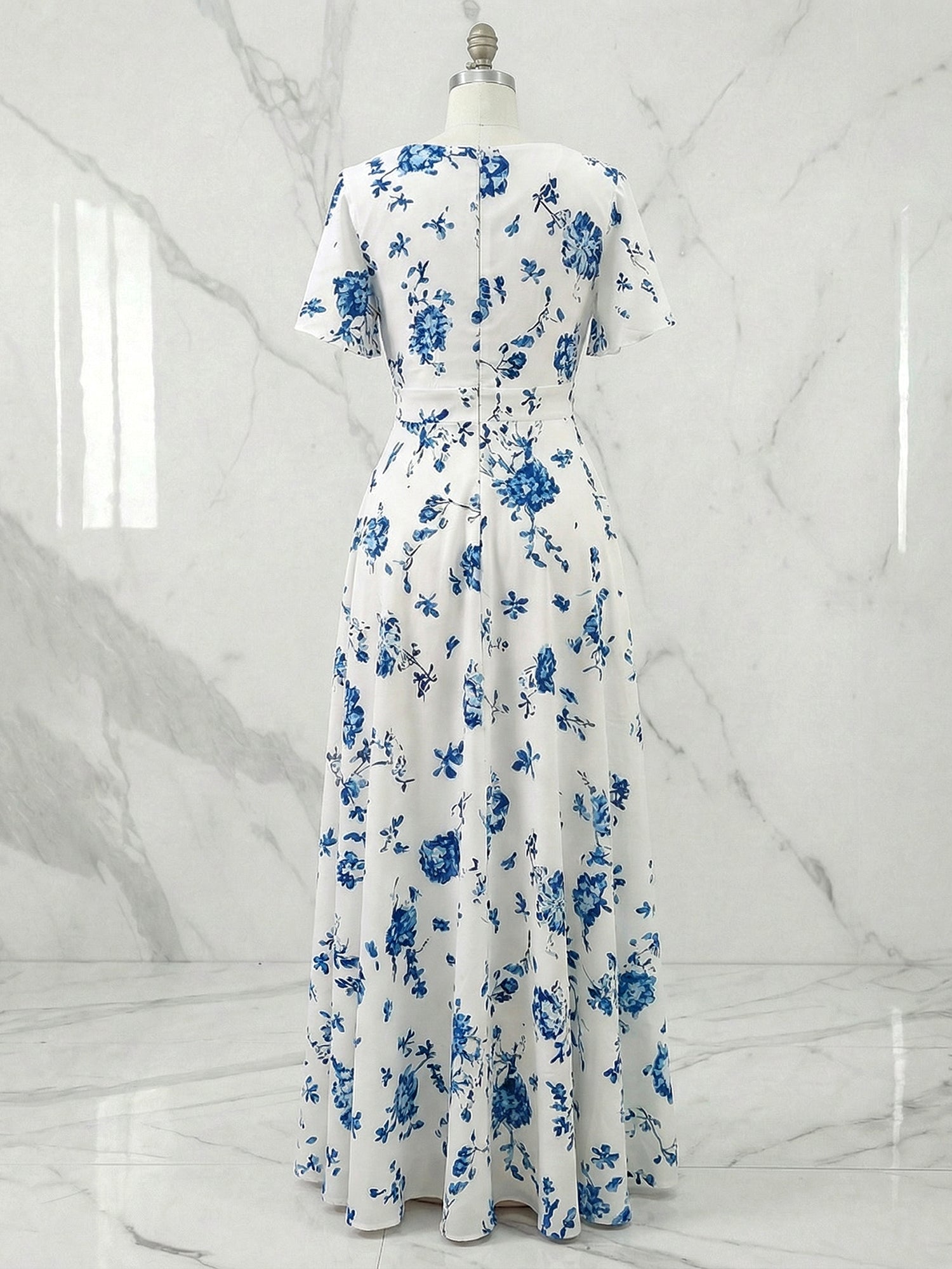 White and Blue Floral V-Neck Flutter Sleeve Maxi Dress