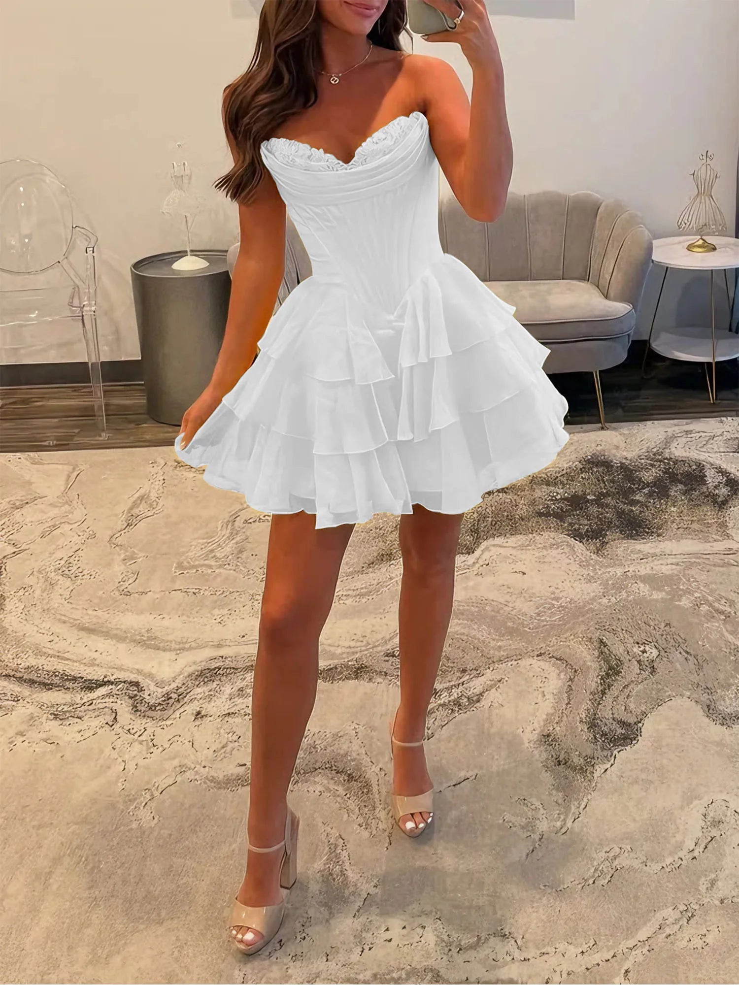 A Line Short Corset Homecoming Dress with Ruffles